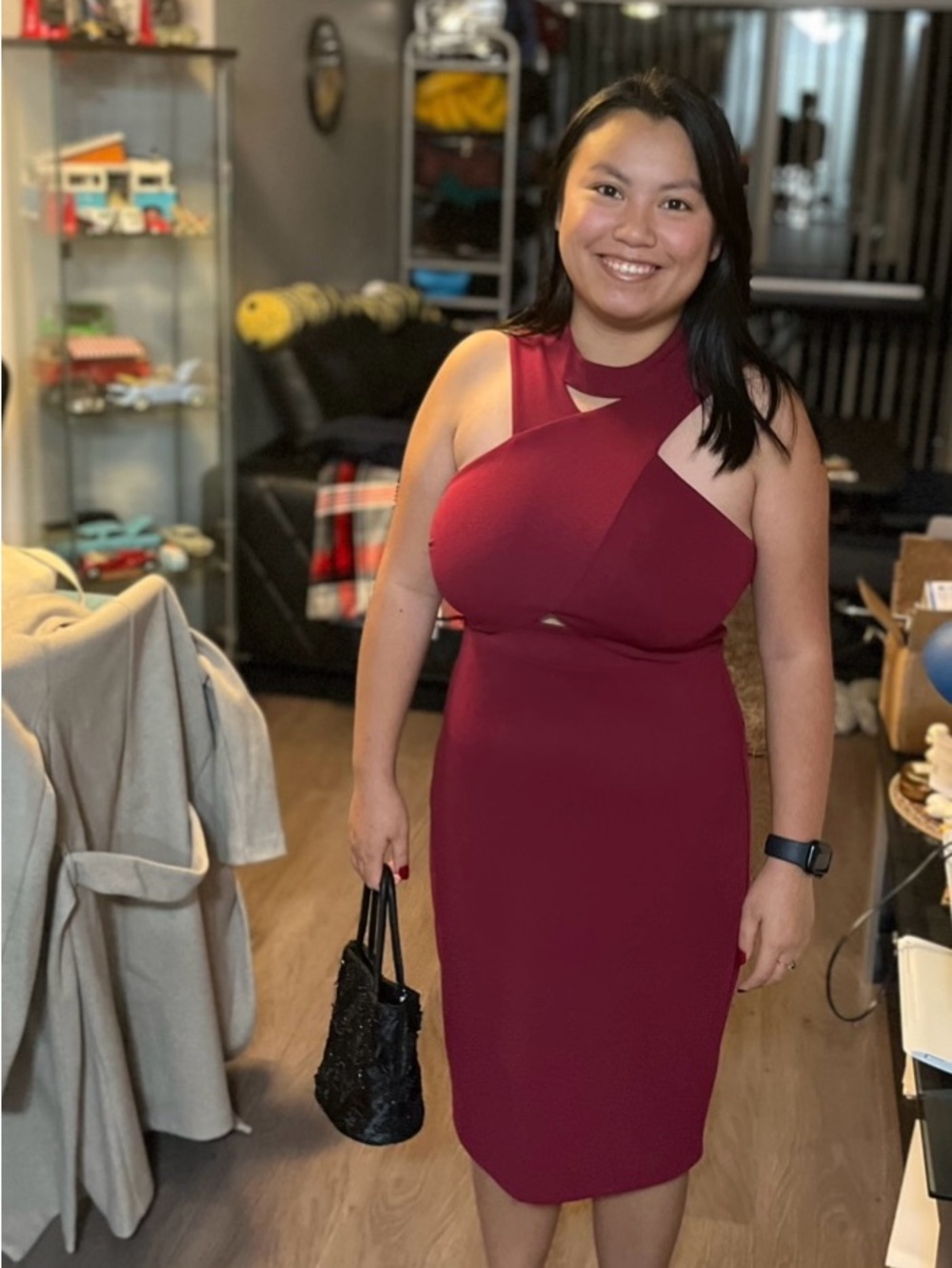 Guess Sleeveless Burgundy Midi Dress with Cross-Front Detail